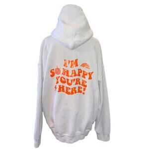 Gildan Heavy Blend Women's Hoodie White "I'm So Happy You're Here!" Size XL EUC